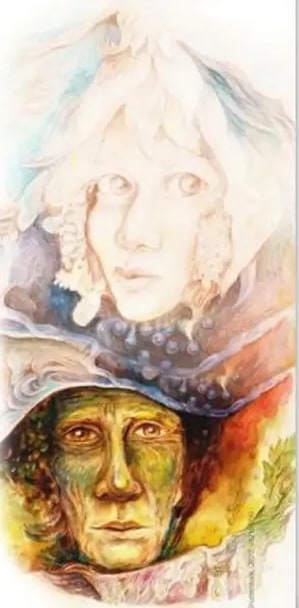 Ilustración del elfo Ole Cierraojos con un paraguas de figuras coloridas.