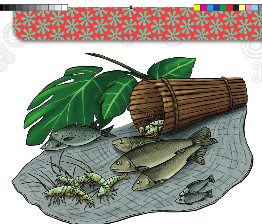 Ilustración de un bodegón tradicional: una catanga (trampa de pesca cilíndrica), hojas verdes grandes, varios peces y un camarón sobre una superficie/piedra.