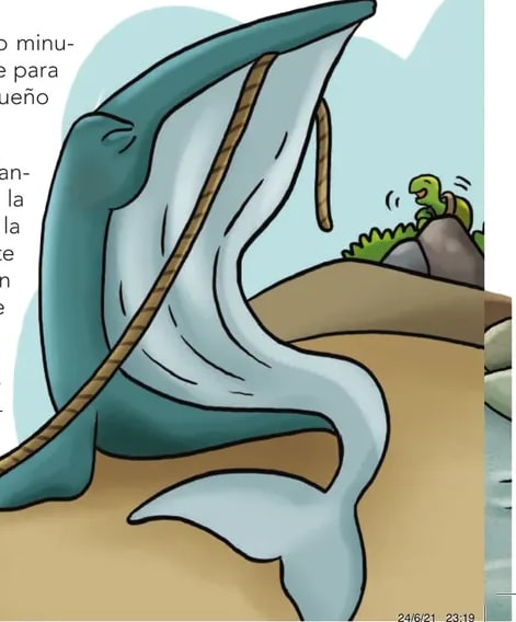 Ilustración de un elefante azul jalando una cuerda en un paisaje con árbol; representa la escena del cuento.