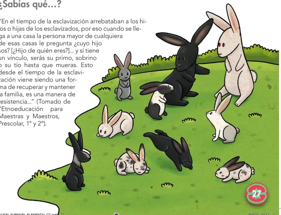 Ilustración con dos conejos adultos (uno blanco y una coneja negra) y varios conejitos de distintos colores (blancos, negros, manchados) sobre el pasto, una zanahoria caída a la izquierda.