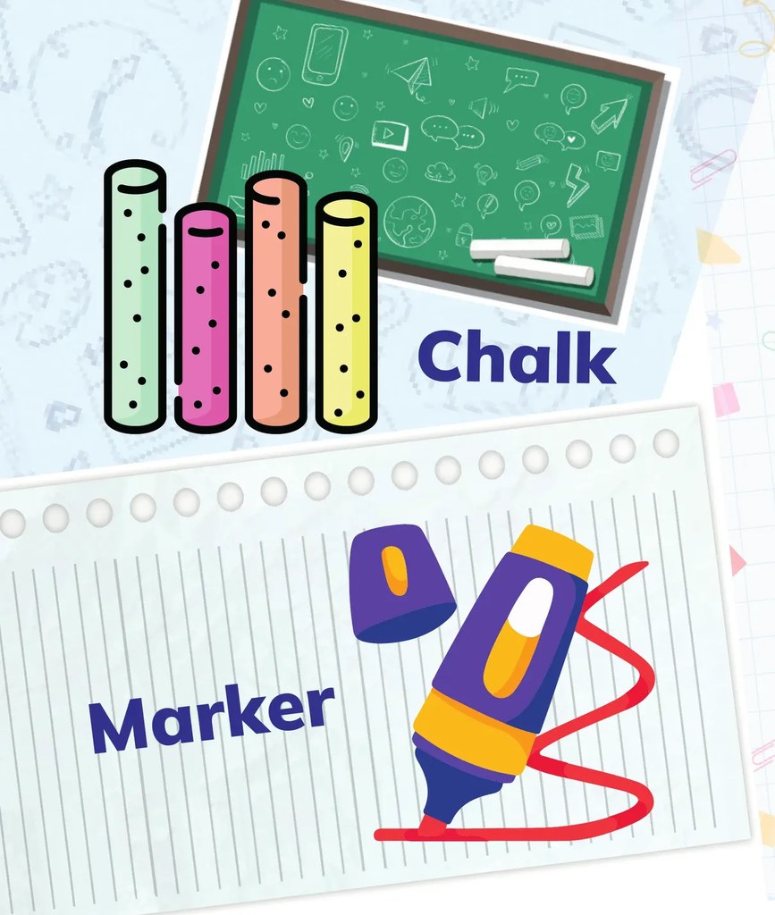 Marcador morado con tapa destapada trazando una línea roja en zig-zag sobre una hoja de cuaderno. Etiqueta: 'Marker'.