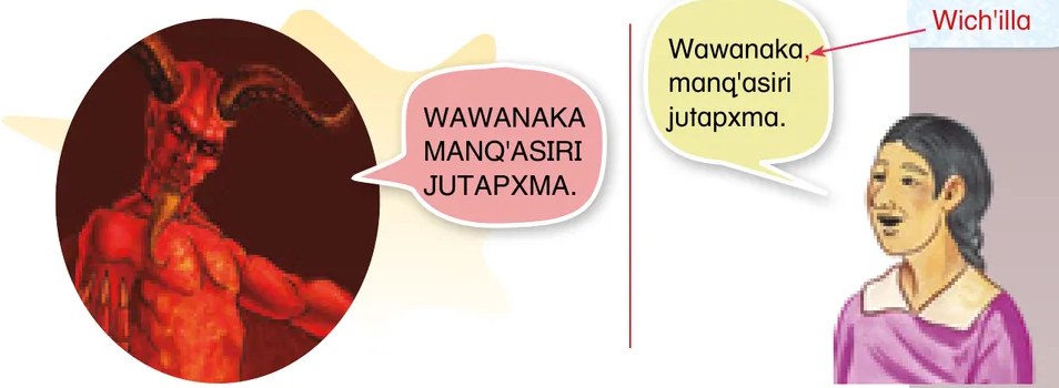 Ilustración de un niño con sombrero de colores festivos, junto a un recuadro con el diálogo: '¿Wawanakti manq'antapxañäni? Aka luqhixa laruyituwa, xa, xa, xa...' — ejemplo de enumeración con comas.