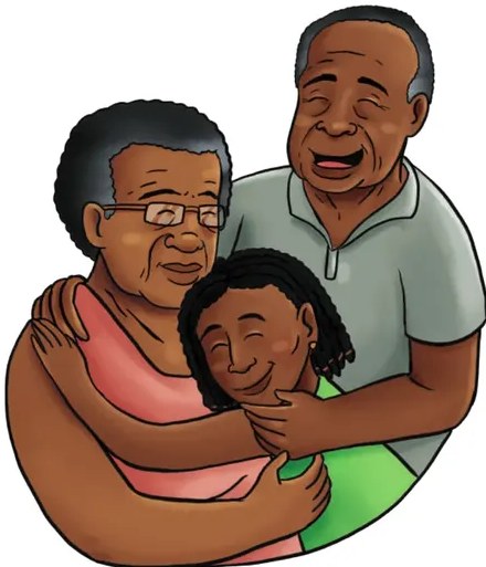 Ilustración de tres personas afroecuatorianas (un abuelo, una abuela y un niño) abrazados.
