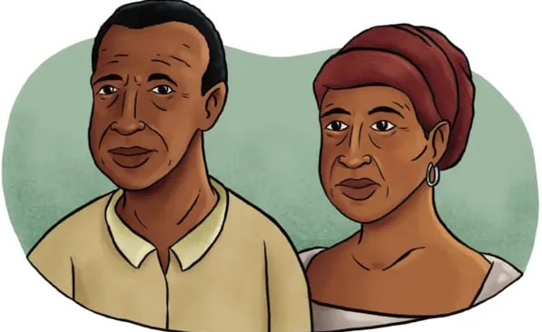 Retrato ilustrado en tono cálido de Cristóbal de la Trinidad (hombre afro con torso descubierto) y Bernarda Loango Grijalba (mujer afro con pañuelo en la cabeza). Pie de imagen: 'Cristóbal de la Trinidad y Bernarda Loango Grijalba.'