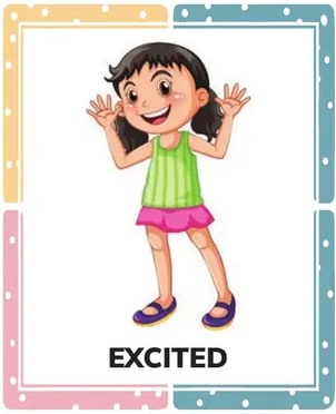 Tres tarjetas: ANGRY (niño enojado), SCARED (niño en el suelo asustado) y SURPRISED (niña con manos arriba).