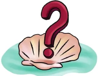 Concha de almeja abierta con una gran perla dentro y un signo de interrogación; ilustra la cuarta adivinanza.