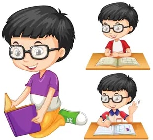Tres ilustraciones pequeñas de un niño con gafas: uno sentado leyendo un libro morado, otro tomando notas sobre un cuaderno y un tercero levantando la mano mientras estudia.