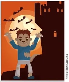 Hombre lobo (werewolf) joven con orejas peludas frente a un castillo nocturno. Recuadro rojo.