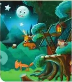 Ilustración nocturna de un bosque con árboles, criaturas y luna sonriente representando la Unidad 1.