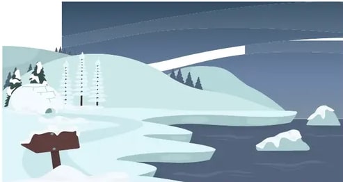 Paisaje ártico con témpanos de hielo y un letrero de madera.