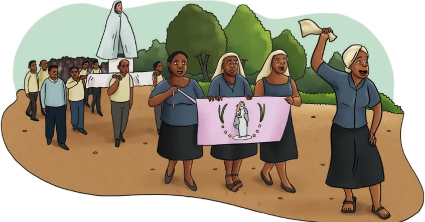 Ilustración de una procesión: varias mujeres afroecuatorianas con vestidos largos rosas y blancos cantando y llevando un estandarte mariano (imagen de la Virgen de Guadalupe) sobre un fondo verde y un cielo claro. Al frente, una figura con vestido azul guía. Al lado, hombres con sombreros y mujeres con pañoletas acompañando.