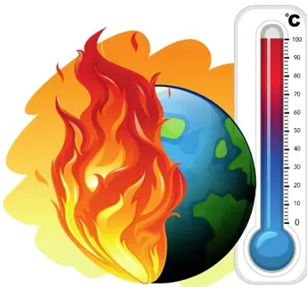 Ilustración de la Tierra dividida: mitad envuelta en llamas y mitad con un termómetro que sube alto (rojo).