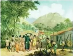 Pintura de misioneros en una aldea de indios Tapuios, Brasil (Rugendas, ca. 1820).