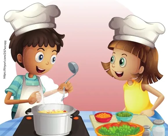 Ilustración de un niño con gorro de chef y delantal cocinando en una olla, y una niña sonriente con gorro de chef al lado; sobre la mesa hay tablas con vegetales picados, sal y pimienta.
