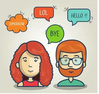 Ilustración de dos personas (mujer pelirroja y hombre con barba) con globos de diálogo: 'LOL', 'TOMORROW', 'HELLO!!', 'BYE'.