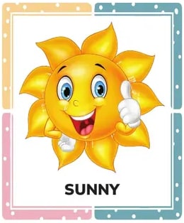 Tres tarjetas: SUNNY (sol antropomorfizado), RAINY (nubes con lluvia) y WINDY (nube soplando).