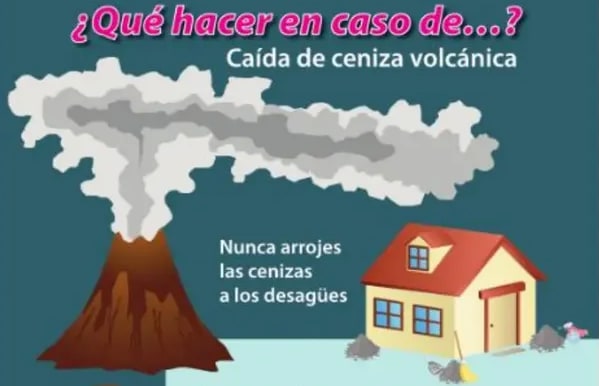 Cartel con volcán erupcionando y seis viñetas de recomendaciones.