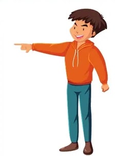 Joven con sudadera naranja señalando con el brazo extendido y un pie sutilmente levantado.