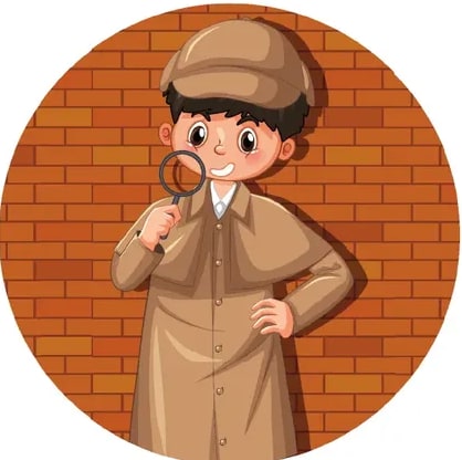 Ilustración circular de un niño vestido de detective (sombrero y gabardina marrones) sosteniendo una lupa, sobre fondo de pared de ladrillos.