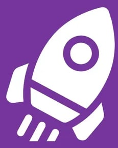 Ícono de cohete morado sobre cuadro morado: imagen de marca de la colección.