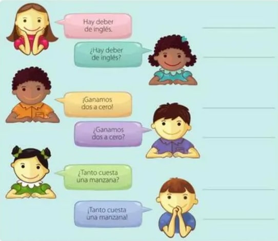 Diálogo entre varios niños mostrando diferentes intenciones comunicativas con distintos signos de puntuación