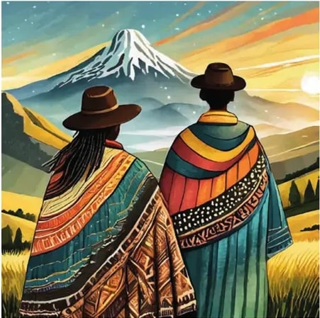 Ilustración de dos personas (vistas de espaldas) con ponchos andinos coloridos y sombreros, observando montañas nevadas.
