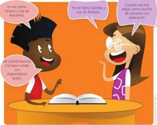 Dos niños conversando con burbujas: Yovani (costeño) y Daniela (serrana).