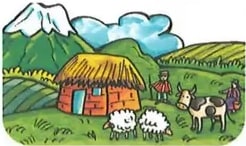 Tres ilustraciones de viviendas: andina, amazónica, urbana.