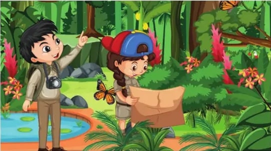 Ilustración de un explorador con cámara y una niña con mapa observando la selva, mariposas alrededor.