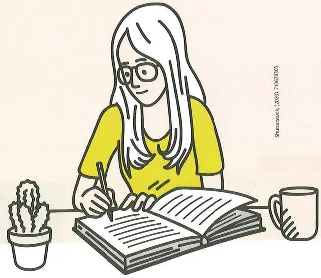 Ilustración de una persona joven leyendo un libro, sentada. La imagen refuerza el contexto de lectura y análisis literario de la página.