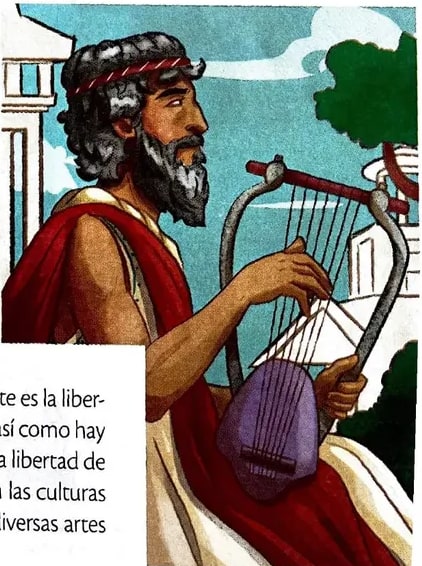 Representación de un poeta griego tocando una lira.