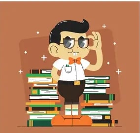 Niño con anteojos y bigote pequeño parado sobre una pila de libros, simbolizando 'knowledge'.
