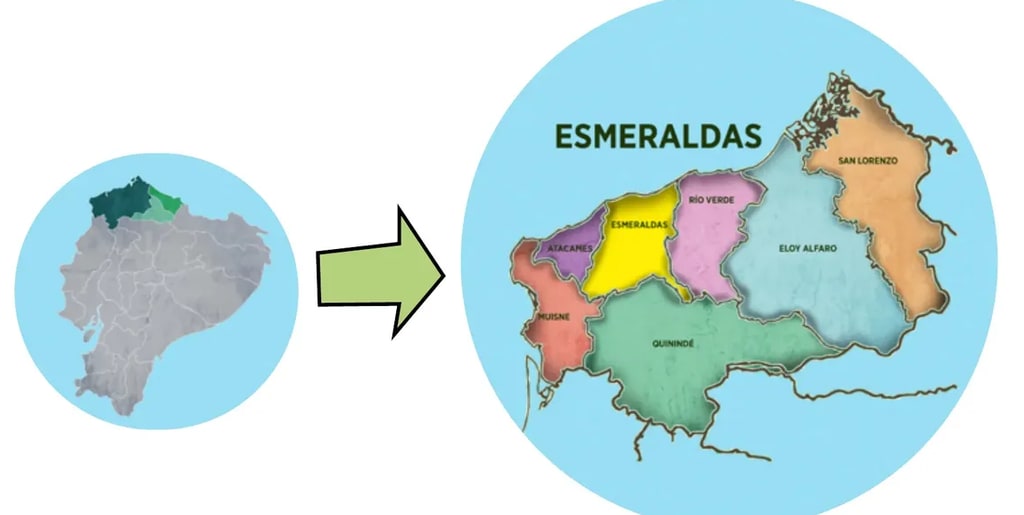 Mapa político de la provincia de Esmeraldas mostrando sus cantones.