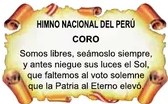 Escudo Nacional del Perú con vicuña, árbol de la quina y cornucopia. Imagen central de los Símbolos Patrios con el Coro del Himno Nacional del Perú debajo.