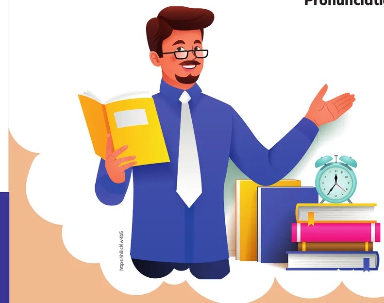 Ilustración de un docente con libro y reloj despertador sobre pila de libros.