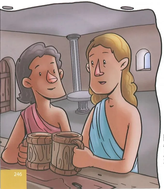 Ilustración a color de dos figuras: una persona con piel de león (Heracles) y una mujer con cabello blanco y túnica