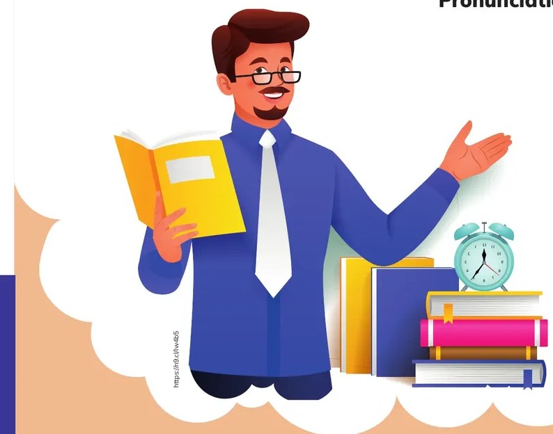Ilustración de un docente joven con barba y gafas, vestido de azul con corbata, sosteniendo un libro abierto y señalando con la mano. A su lado, una pila de libros de colores con un reloj despertador encima.