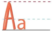 Letra Aa caligráfica con guías rojas para escritura.