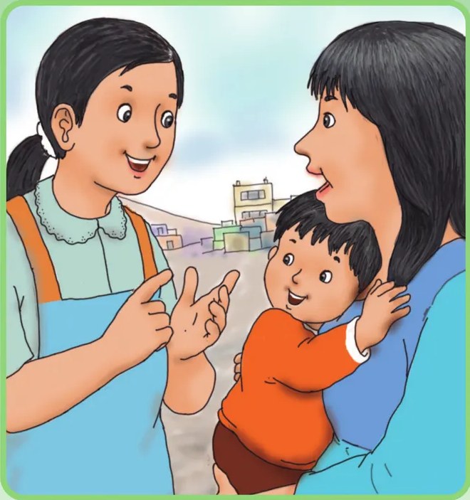 Ilustración a color de una educadora (con delantal azul) interactuando con una madre que sostiene en brazos a un bebé de aproximadamente 1 año con ropa naranja. La escena transmite calidez, vínculo afectivo y servicio educativo. Fondo con edificios y cielo celeste.