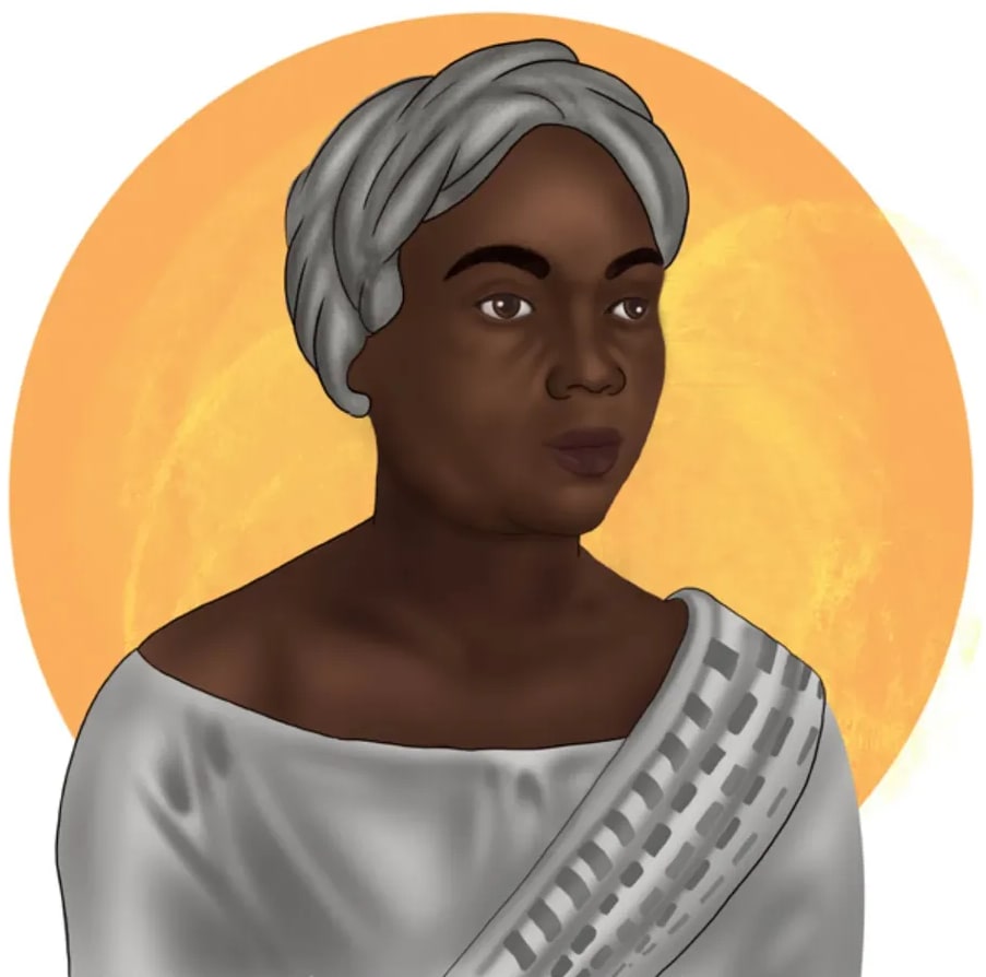 Retrato ilustrado de una mujer afrodescendiente mayor con turbante gris sobre fondo solar naranja, símbolo del movimiento cimarrón andino.