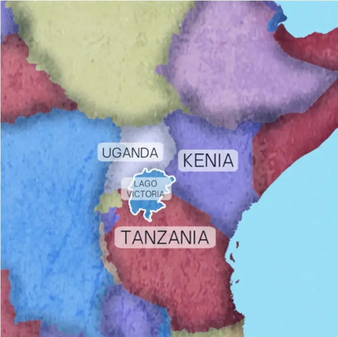 Mapa estilizado del África Oriental con tres países etiquetados (UGANDA, KENIA, TANZANIA) y la silueta del LAGO VICTORIA al centro.