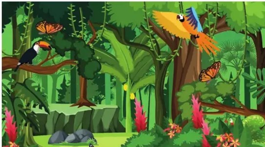 Ilustración de un explorador con cámara y una niña con mapa observando la selva, mariposas alrededor.