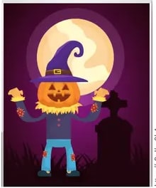 Personaje con cabeza de calabaza y sombrero de mago, junto a una lápida. Recuadro morado.