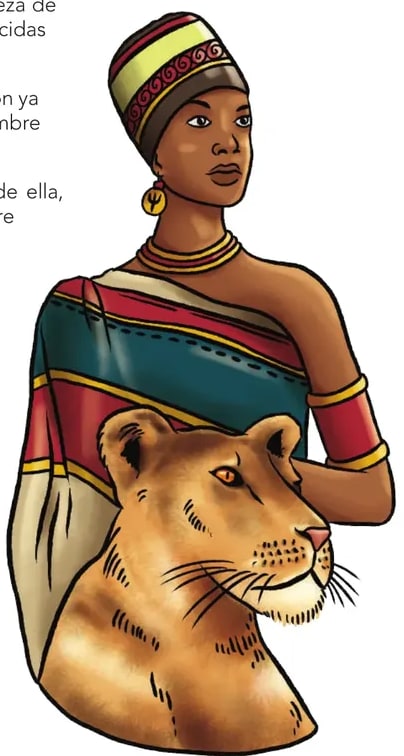 Ilustración a color de Makeda: mujer afro-etíope con tocado-corona rojo y dorado, vestimenta a rayas rojas y verdes, junto a una leona dorada que reposa a sus pies; mirada serena y digna.