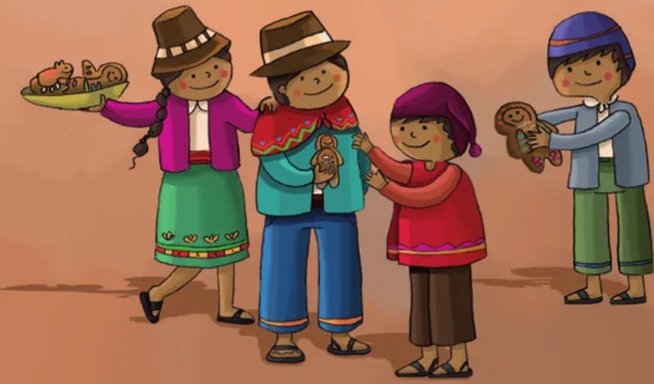 Figuras decorativas de tanta wawa de diferentes tamaños: una grande (personaje principal con chaleco rojo y decoraciones coloridas) y dos animales de pan (posiblemente llamas o caballos) con adornos multicolores de azúcar. Representan las formas típicas de pan ritual andino.