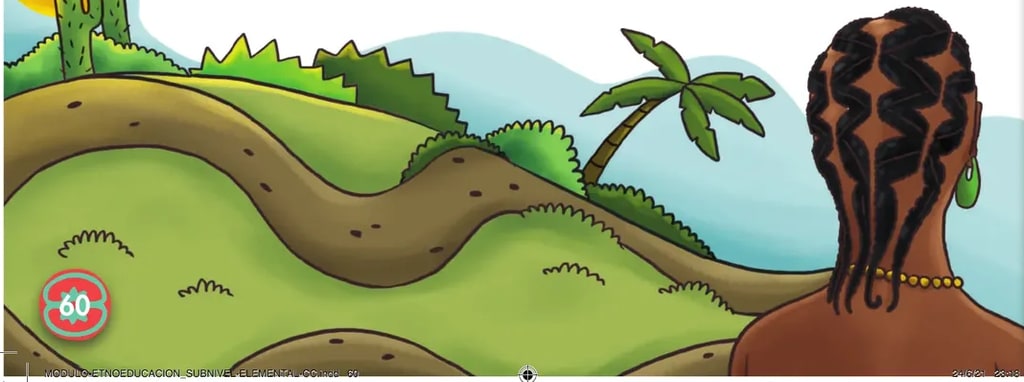 Ilustración a color de una abuela afrodescendiente sentada en un paisaje rural junto a un niño y a una niña; al fondo, montañas verdes.