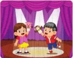 Dos niños con títeres en un escenario.