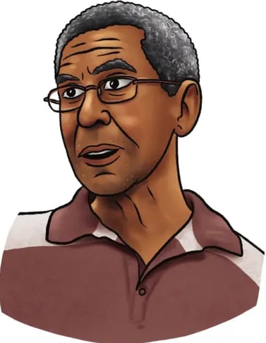 Retrato ilustrado del 'maestro Juan' García Salazar: hombre afroecuatoriano de edad mayor con cabello cano, lentes y camisa roja oscura, sonrisa amable.