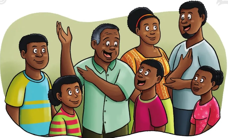 Ilustración de una familia afroecuatoriana extendida (abuelo gesticulando, abuela cantando, padre con la mano en el pecho, niños y niñas escuchando atentos): una escena de transmisión oral comunitaria.