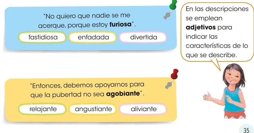 Ilustración de una niña con nota explicativa sobre el uso de adjetivos en las descripciones.